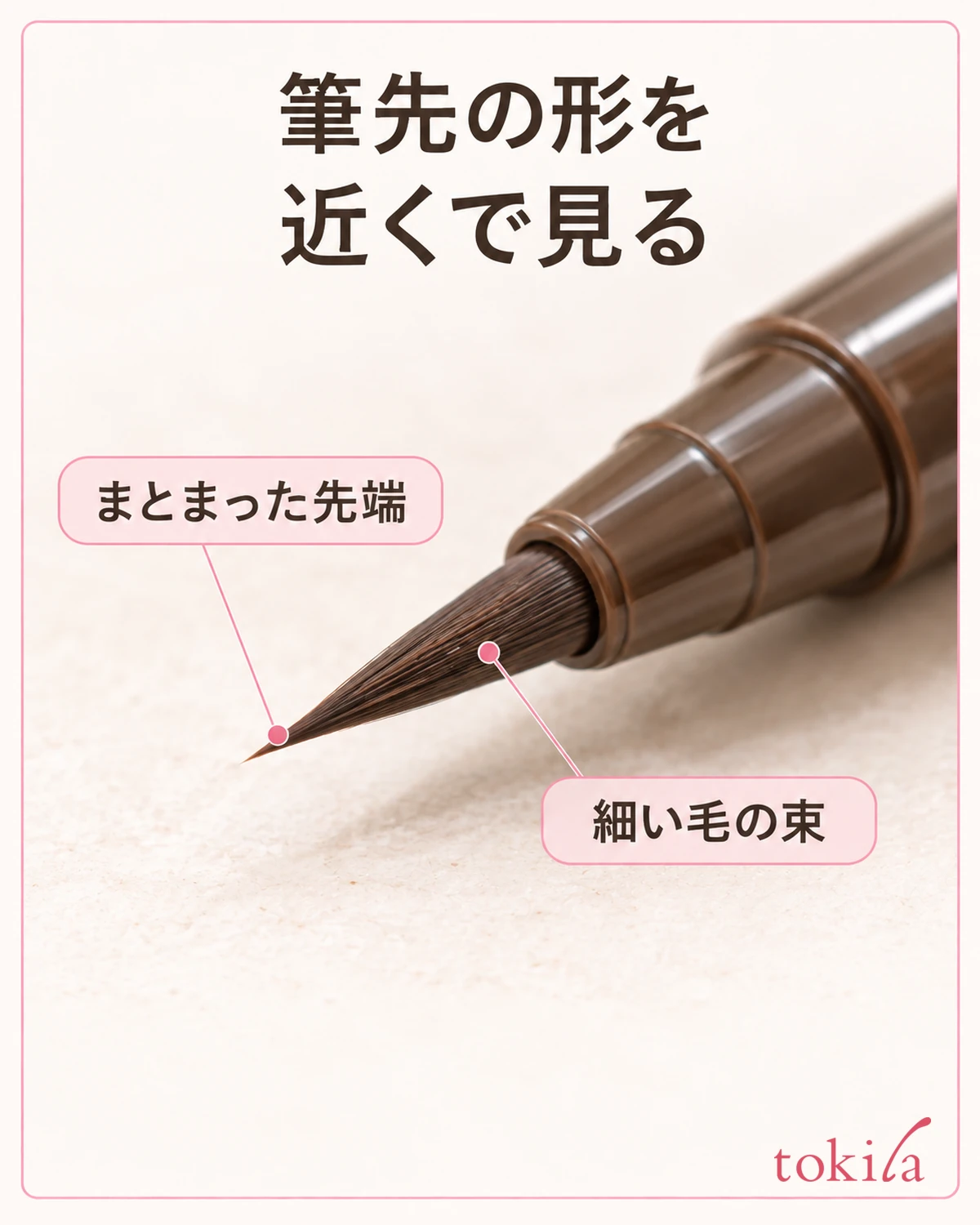 眉用筆ペンの先端と、細い毛がまとまった側面を近くで見ます。