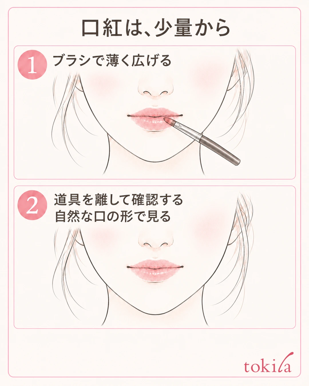 リップブラシで薄く広げた後に道具を離し自然な口の形で見る図