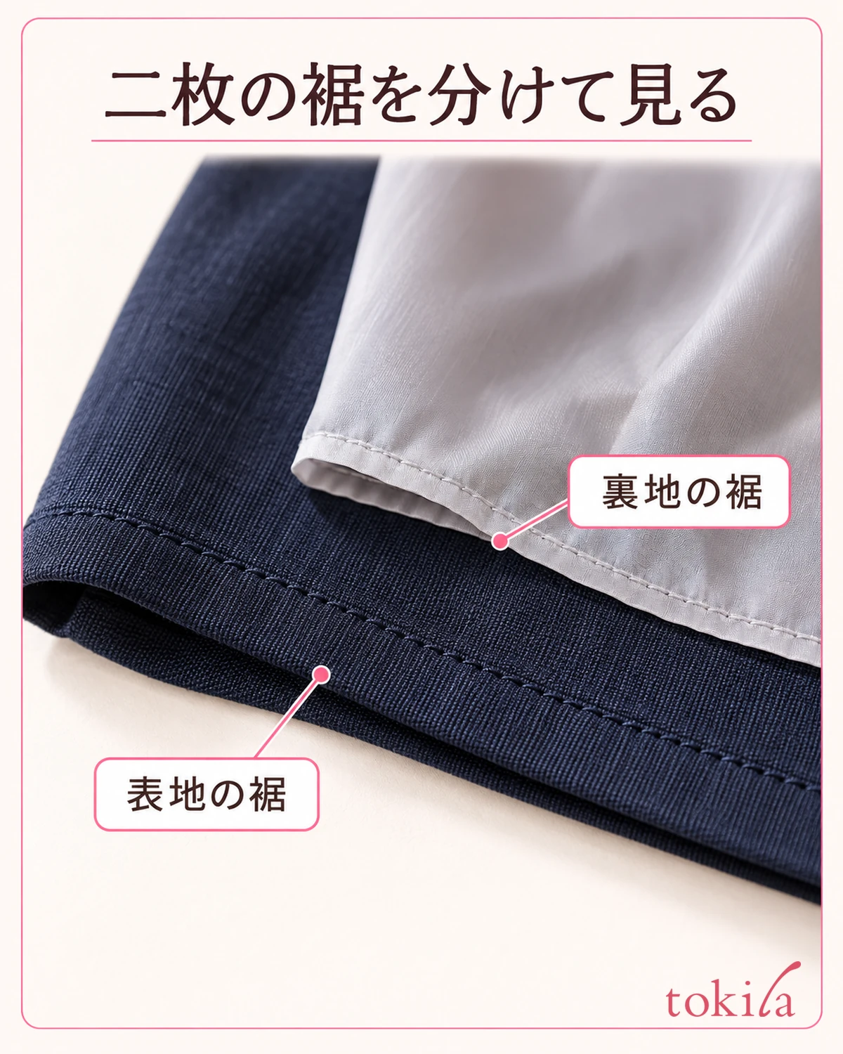 The turned-up hem of the outer fabric and the narrow edge finish of a thin lining