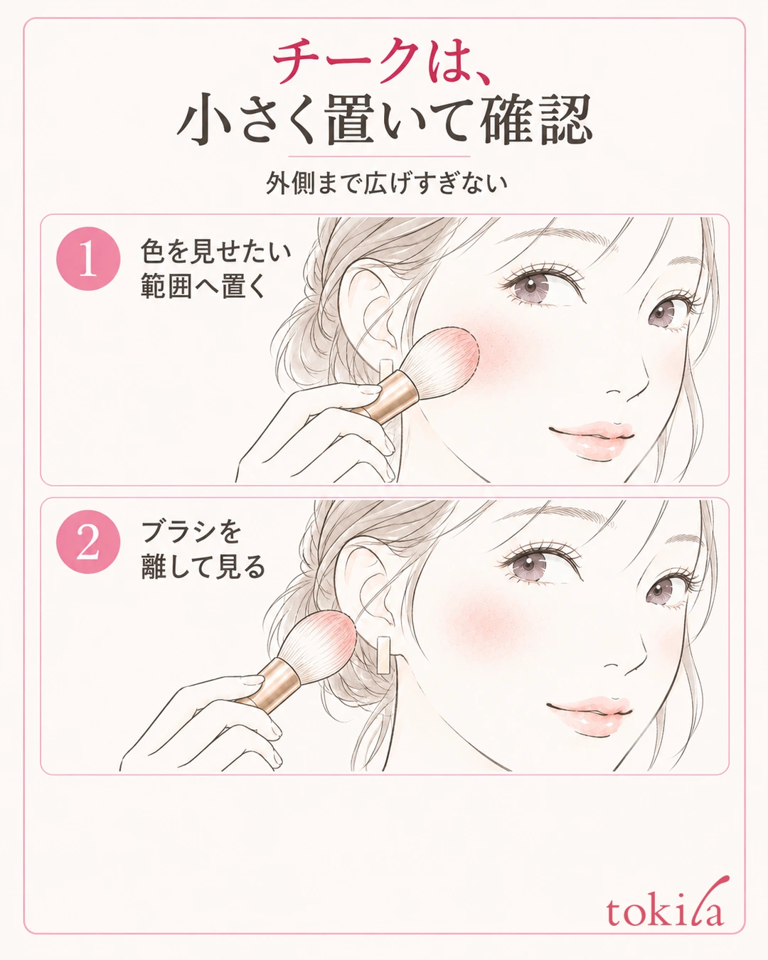 頬の小さな範囲へチークを置いてブラシを離して確認する図