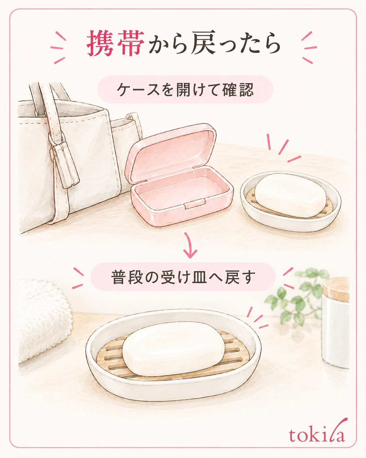 携帯ケースは内側の高さを見て、水気を切ってから収納します。