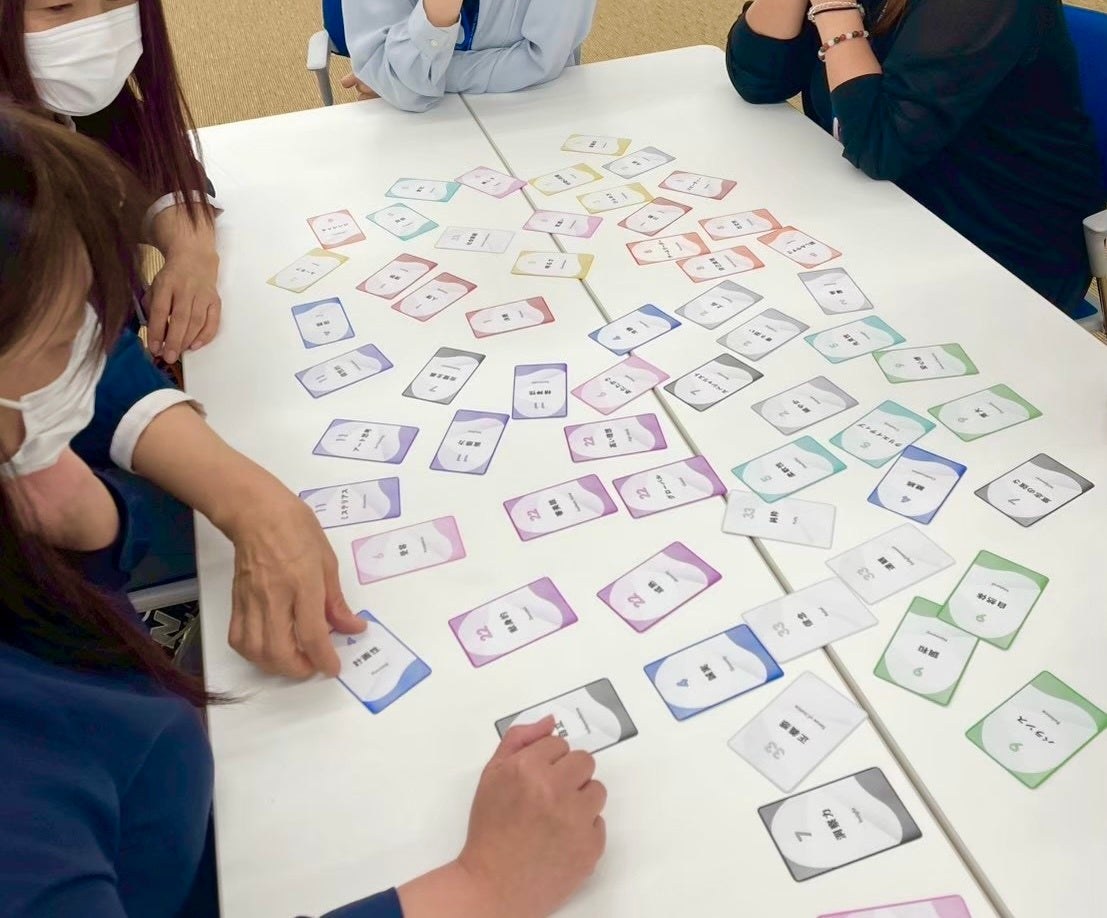 テーブルに色彩心理のカードを広げて行うワークの様子