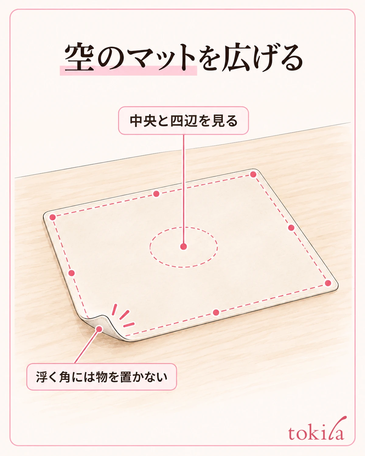 手を離した状態で、中央と四辺が机に収まるかを見ます。
