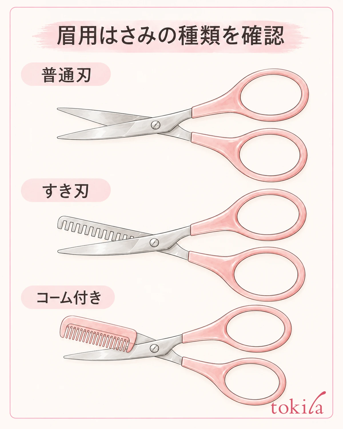 일반 날, 숱가위 날, 빗 달린 타입의 구조를 구분하고, 길이와 숱 중 어느 쪽을 정돈하는 도구인지 확인합니다.