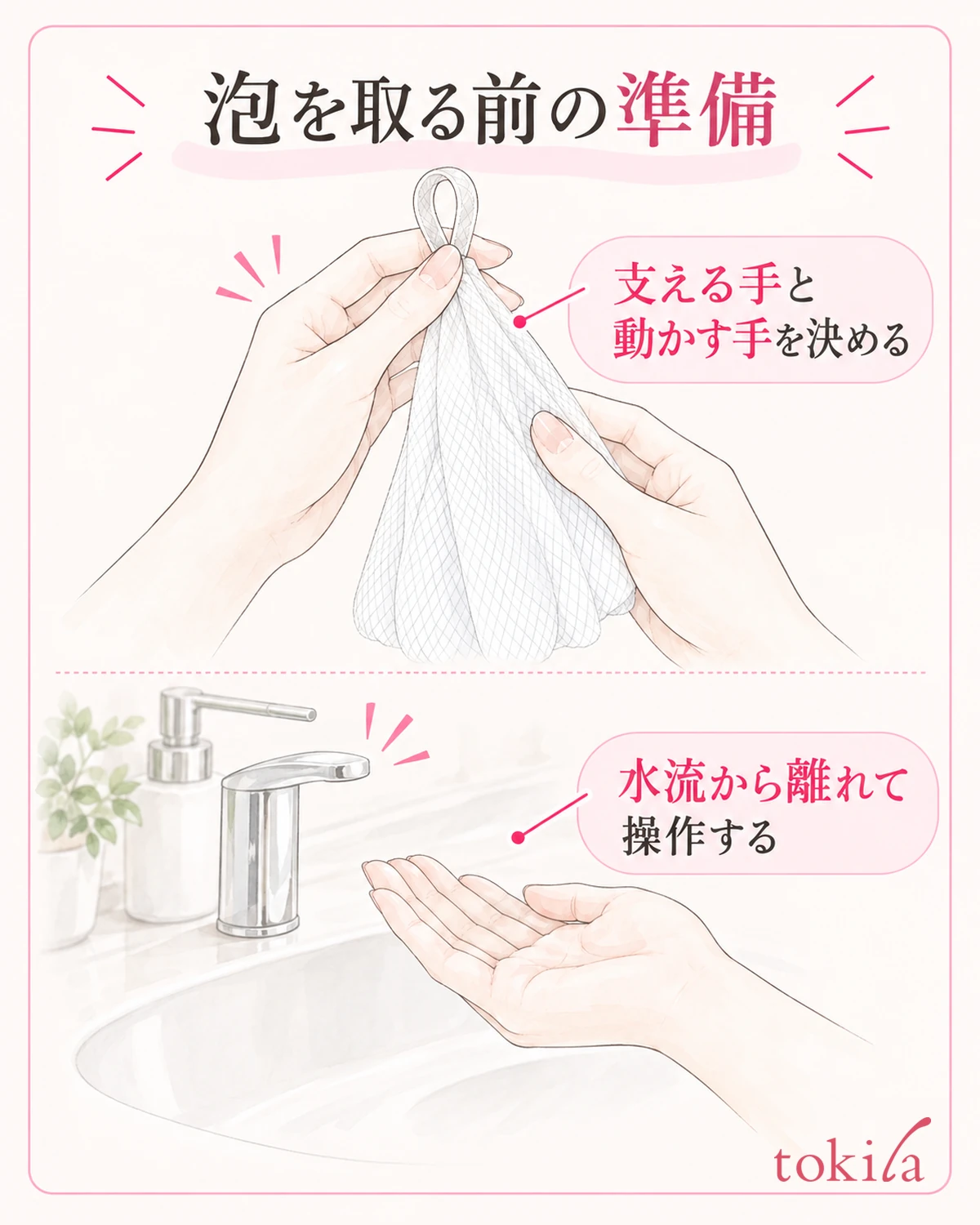 持ち手を支える手と泡を集める手を決め、水流から離れて操作します。