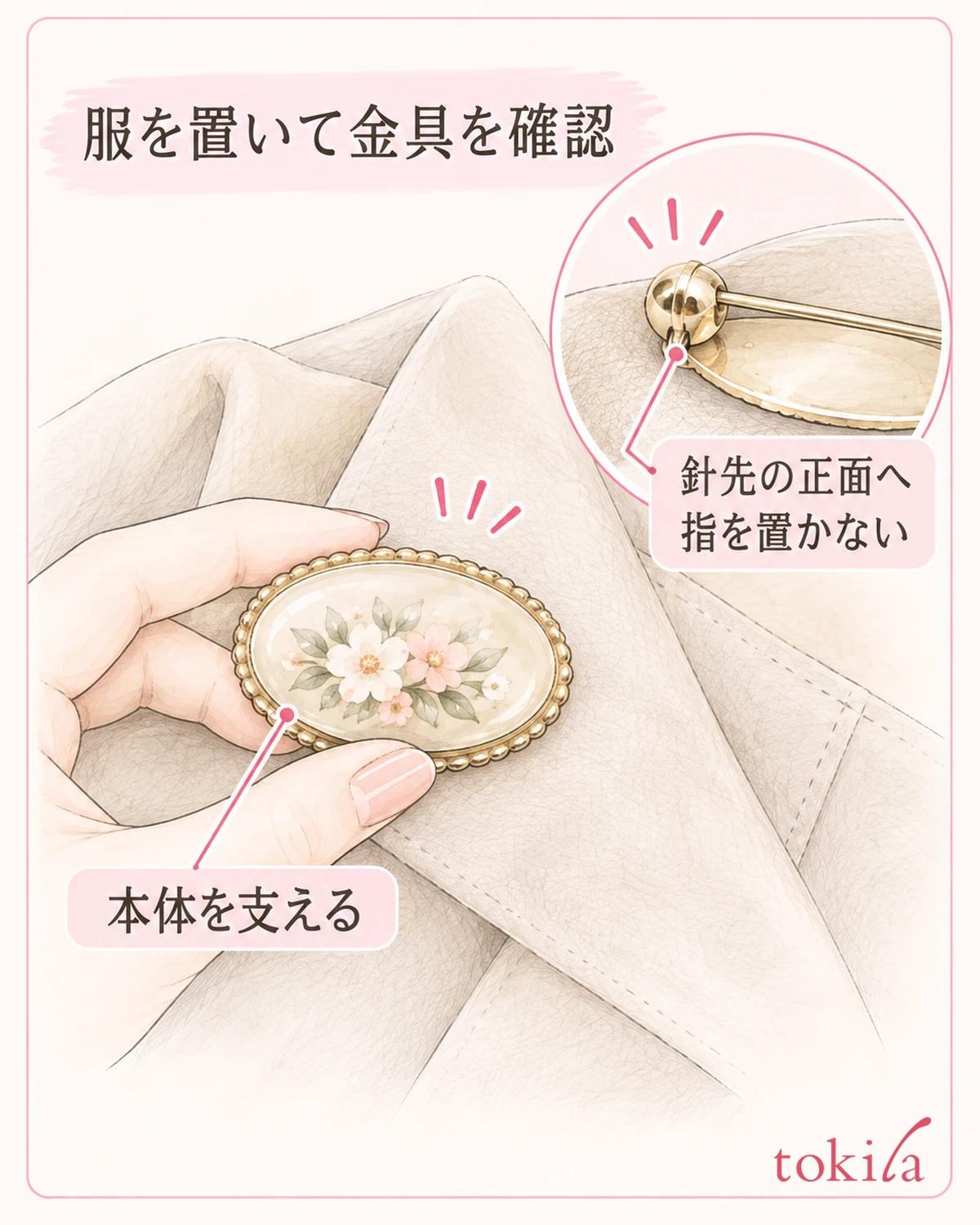 本体と布を支え、針の入った場所と出た場所を見える状態にします。