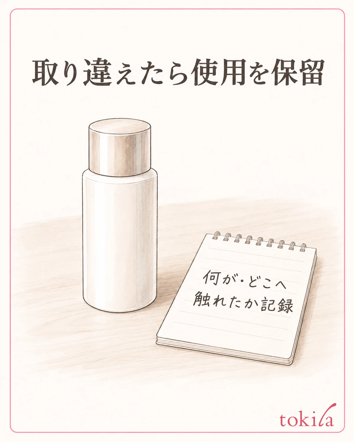接触の状況を記録し、混入を疑う物は使わず確認します。