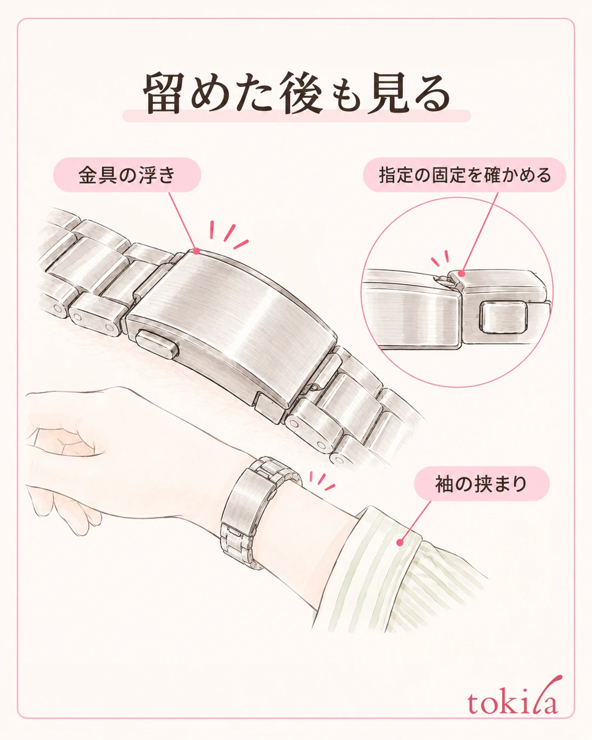閉じた金具の浮きと、袖や皮膚の挟まりを確認します。