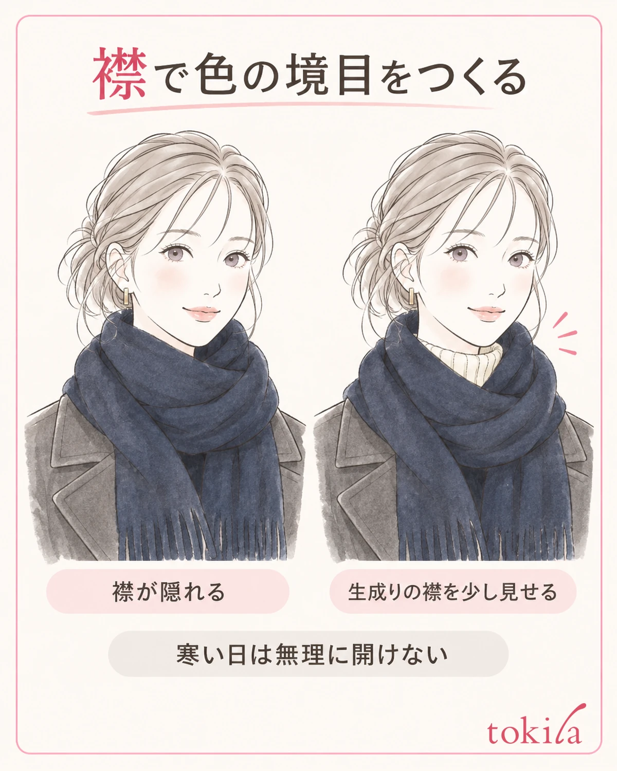 服の襟が見える量だけを変え、色の境目を確かめます。