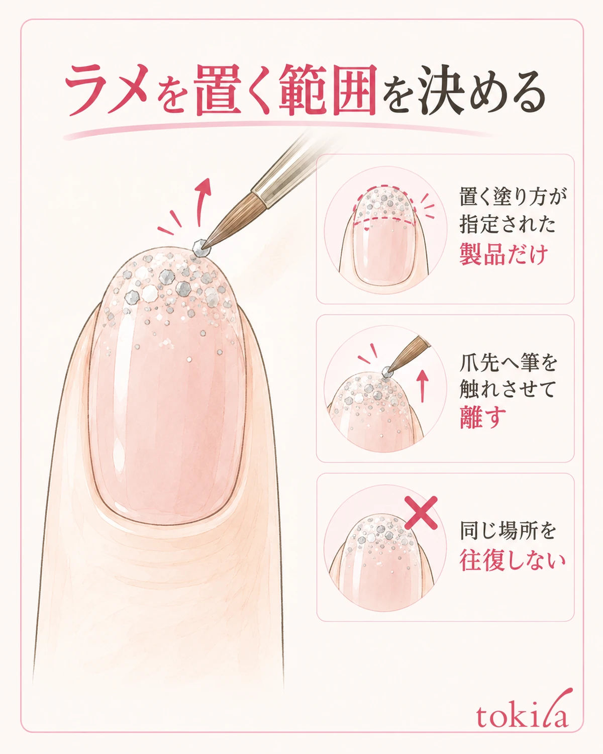올려 바르는 방법이 지정된 제품은 정한 범위에 붓끝을 댔다가 뗀다.
