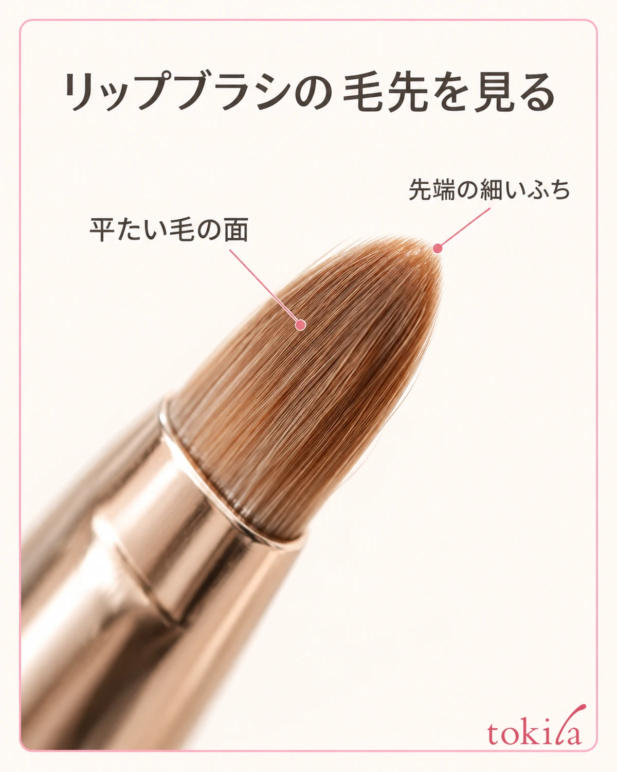The flat surface of thinly gathered bristles and the edge of the rounded tip