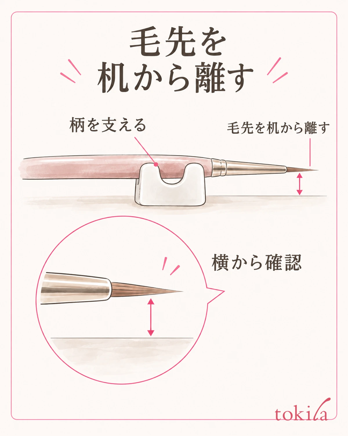 柄を支え、毛先が机へ触れないか横から見ます。