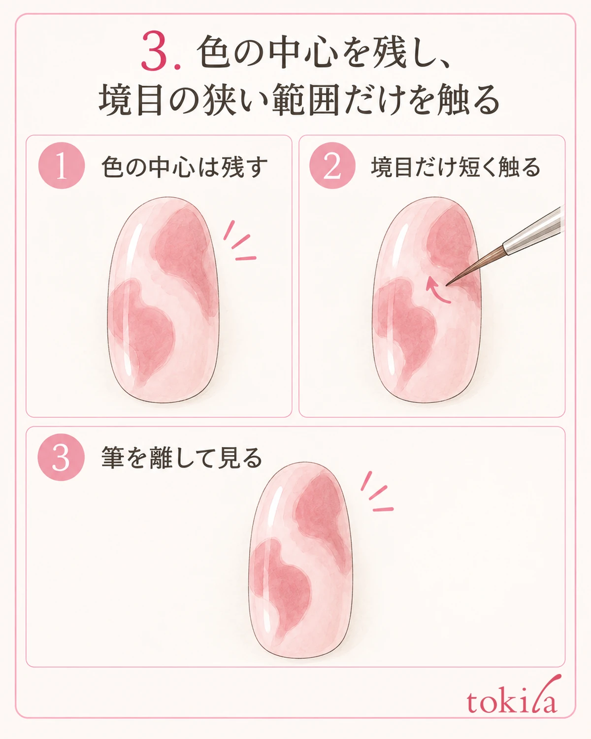 色の中心を残して、接する境目だけを短く触ります。