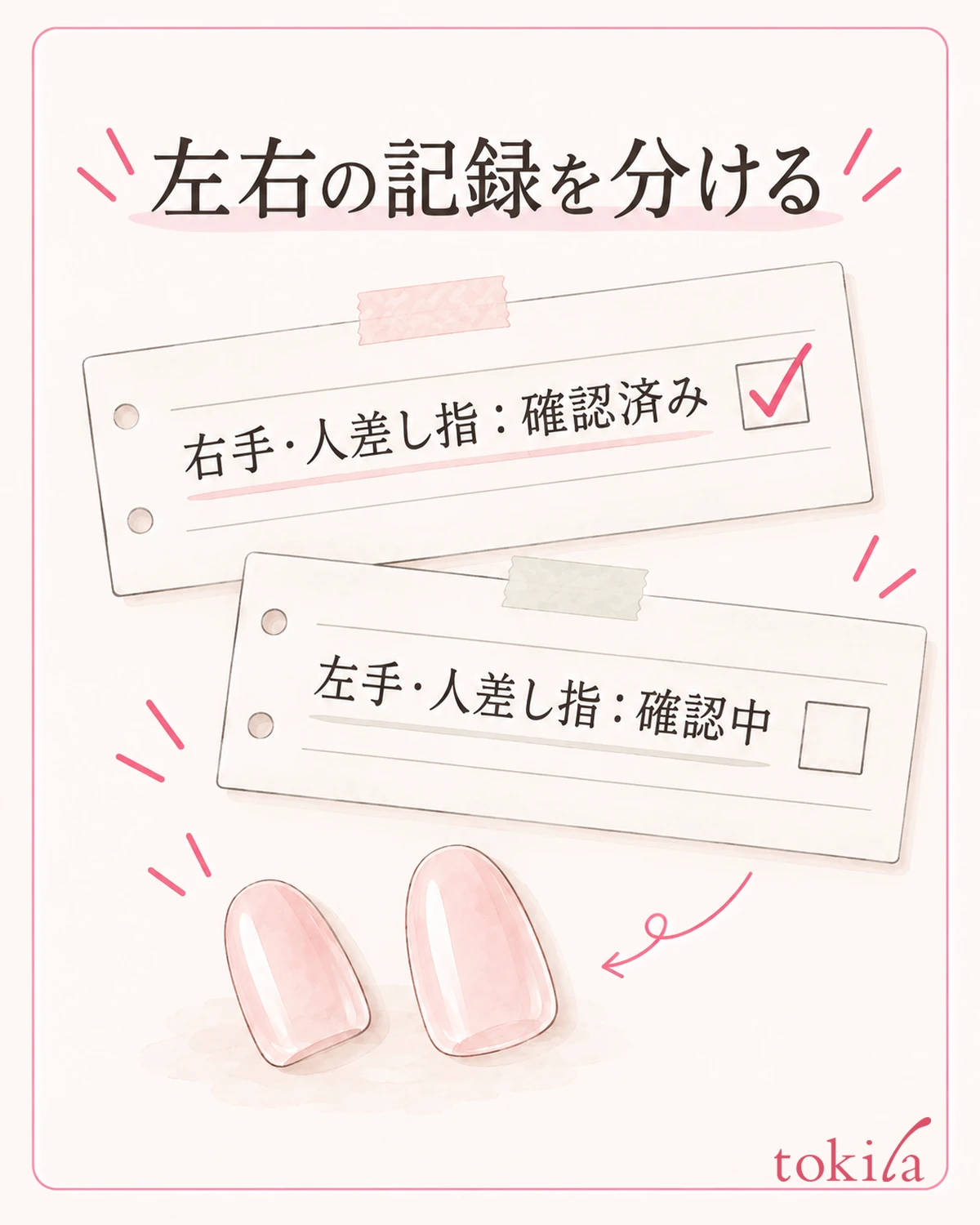 右手と左手の記録を分け、確認した指と一枚の対応を残す。