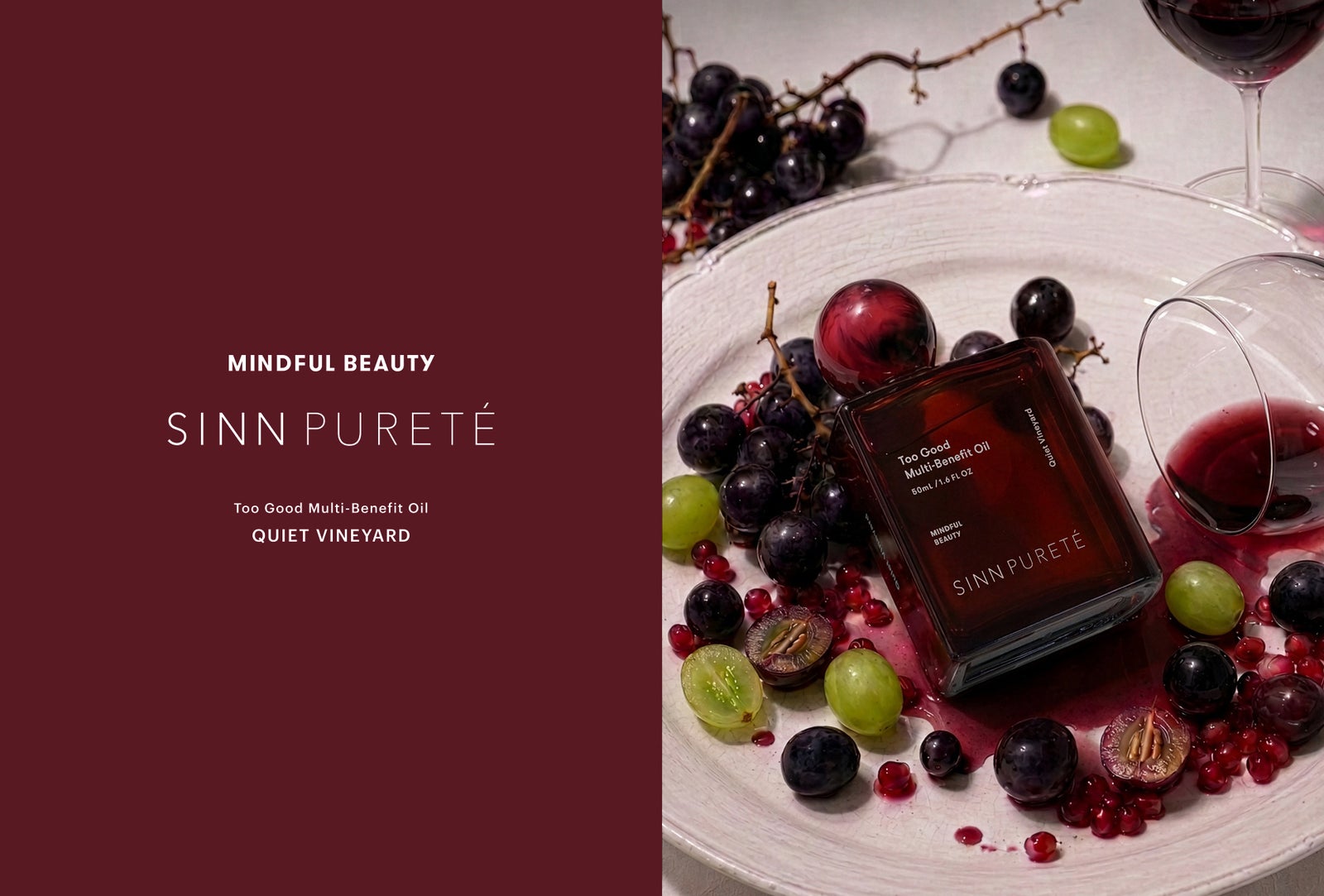 ぶどうとワインのグラスの前に置かれた、SINN PURETÉ トゥーグッド マルチベネフィットオイル Quiet Vineyard
