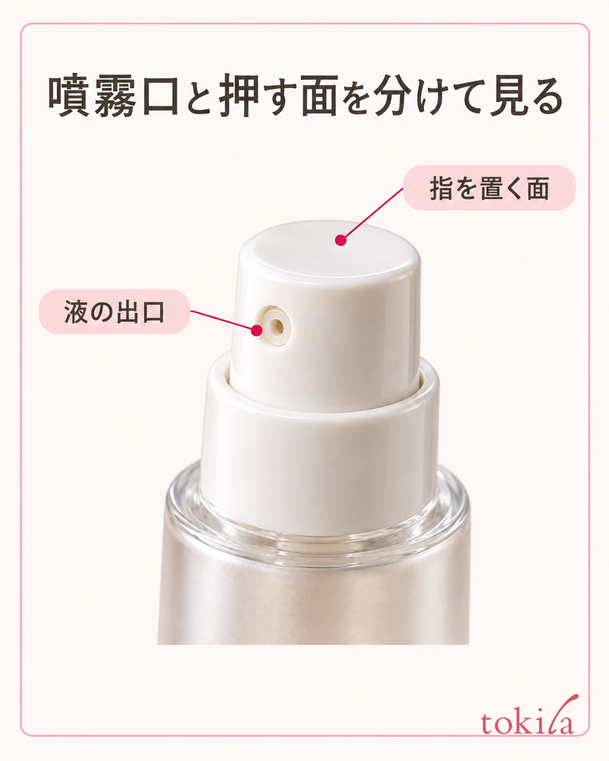噴霧口の小さな穴と、指を置く広い上面を近くで見ます。