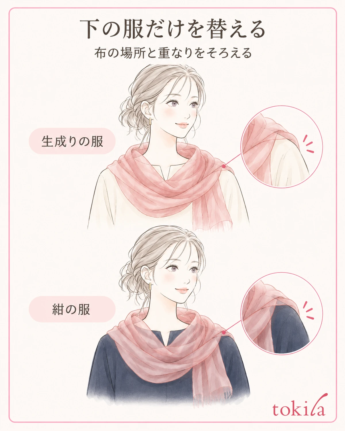 同じストールの同じ一枚部分を使い、下の服を替えて比べます。