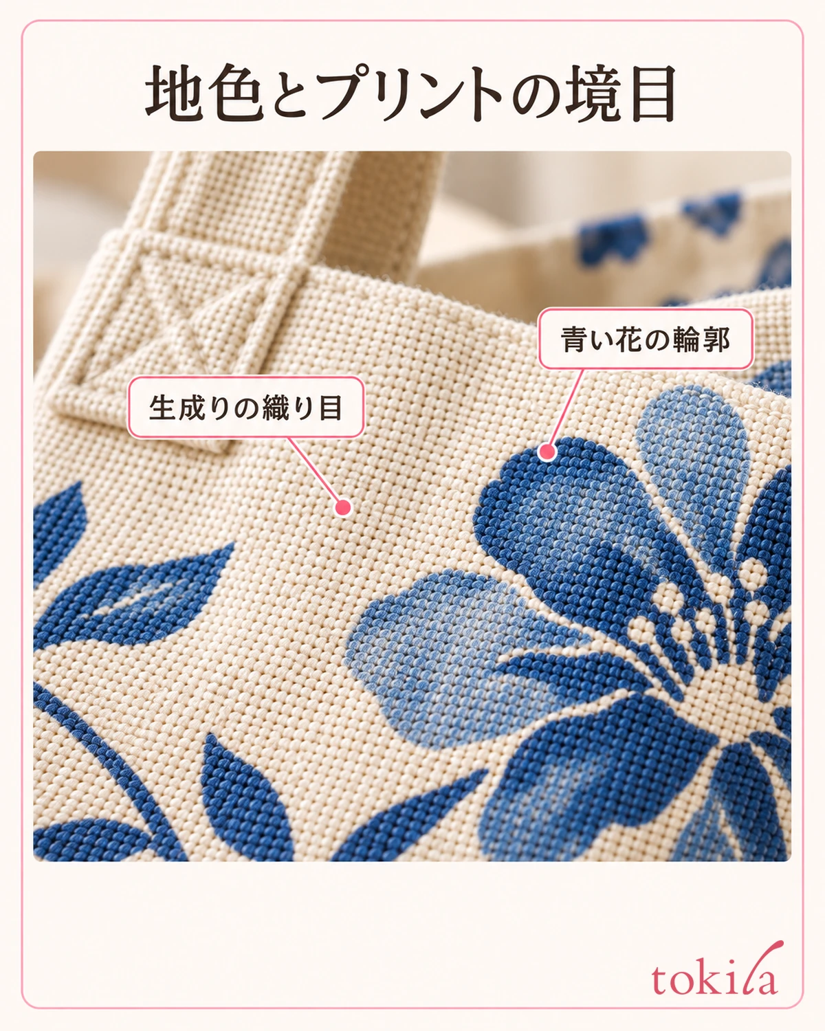 生成りの織り目と青いプリントの輪郭を近くで見ます。