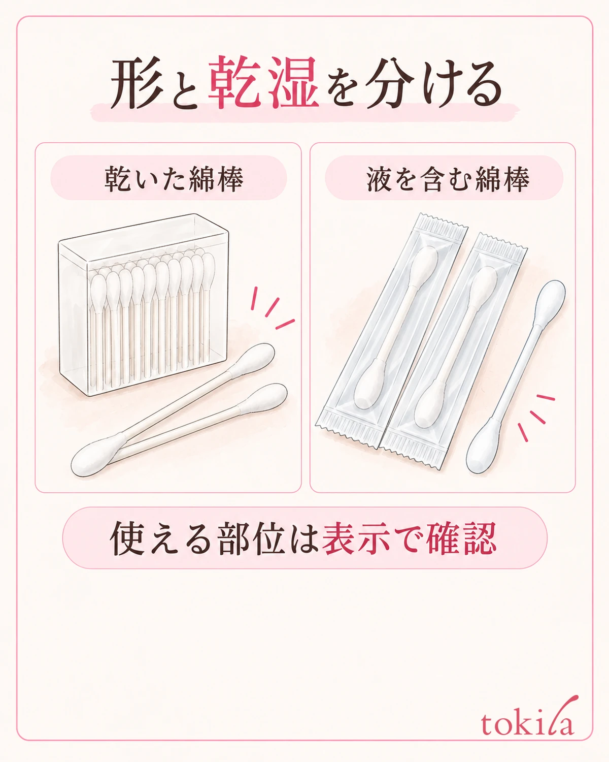 乾いたものと液を含むものは、表示と用途を分けて選びます。