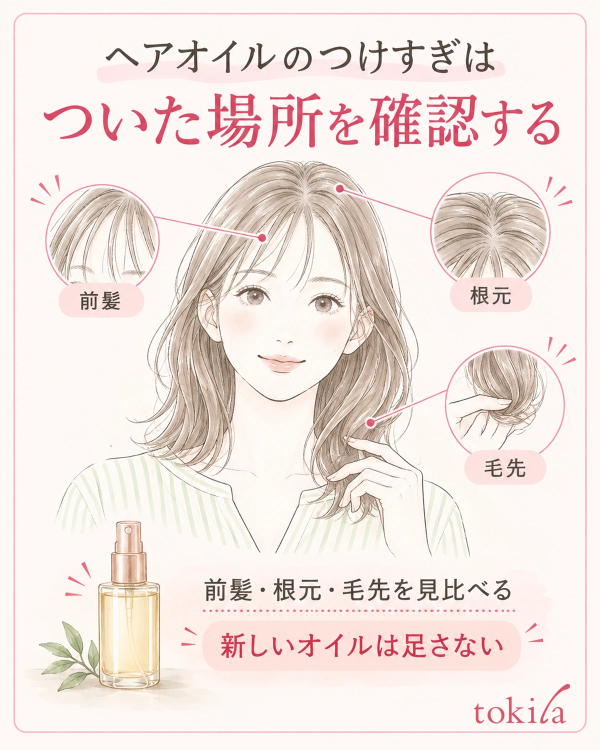 前髪・根元・毛先を分けて、重く見える場所を確かめます。