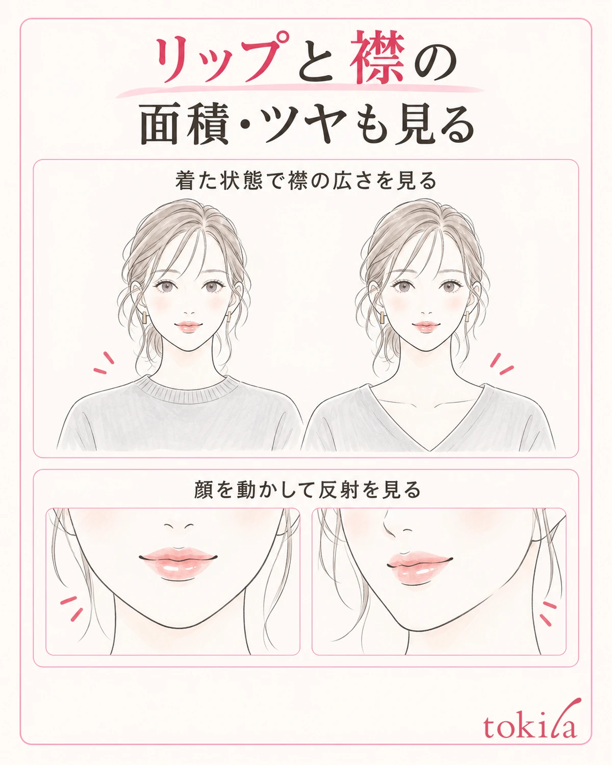 입은 상태의 옷깃 면적과 입가의 윤기를 나누어 확인합니다.
