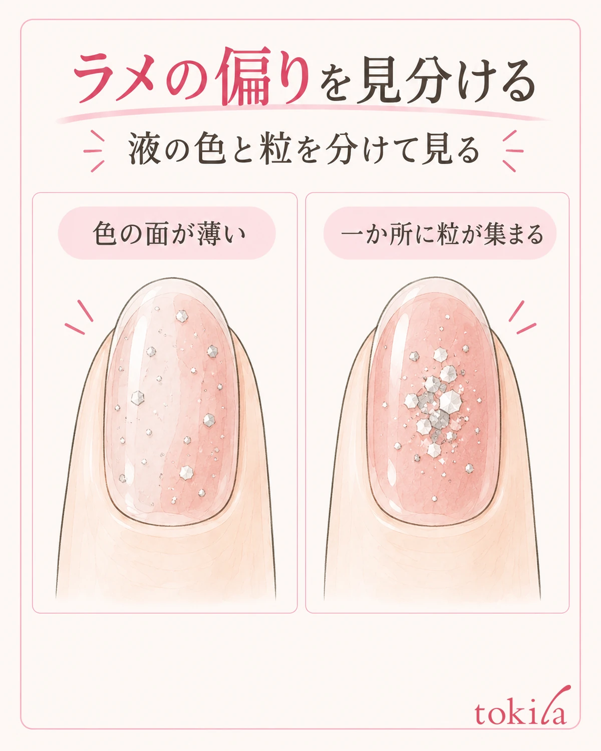 액 색이 옅은 정도와 반짝이는 알갱이가 모이는 방식을 따로 본다.