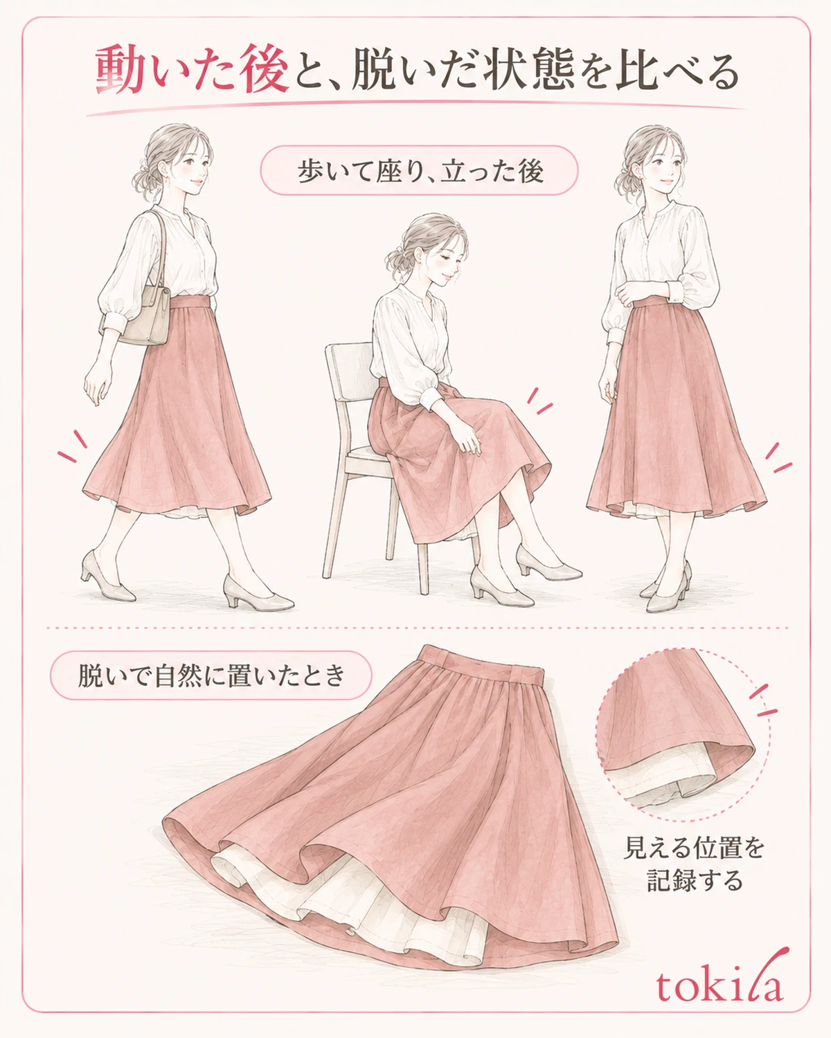 数歩歩いて座り、立った後の裾と、脱いで自然に置いた裾を見比べる。