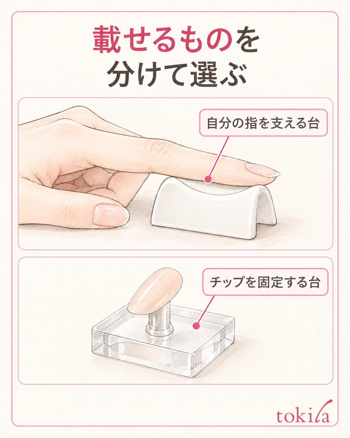 自分の指を載せる台と、チップを固定する制作台を分けます。