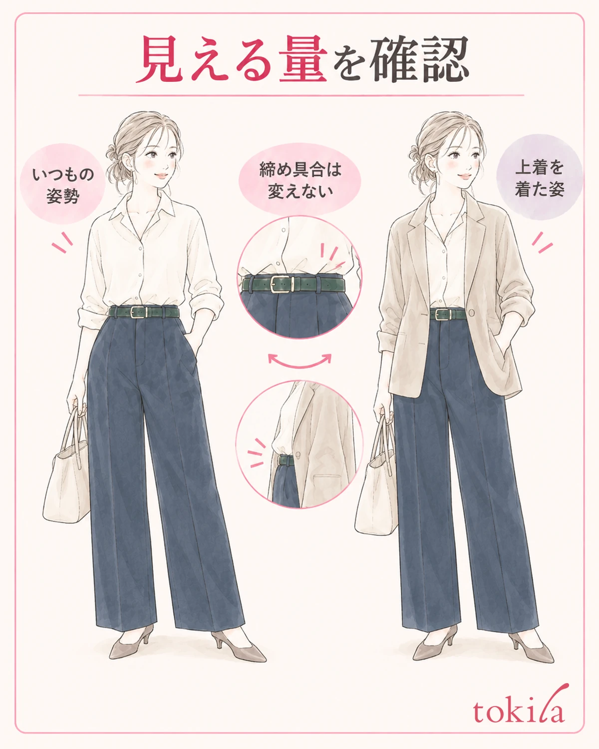 上着と普段の動きで色が見える量を確かめます。