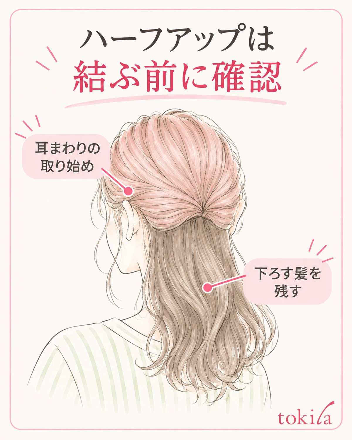 扎发之前,确认耳朵周围起始取发的位置和放下的头发。