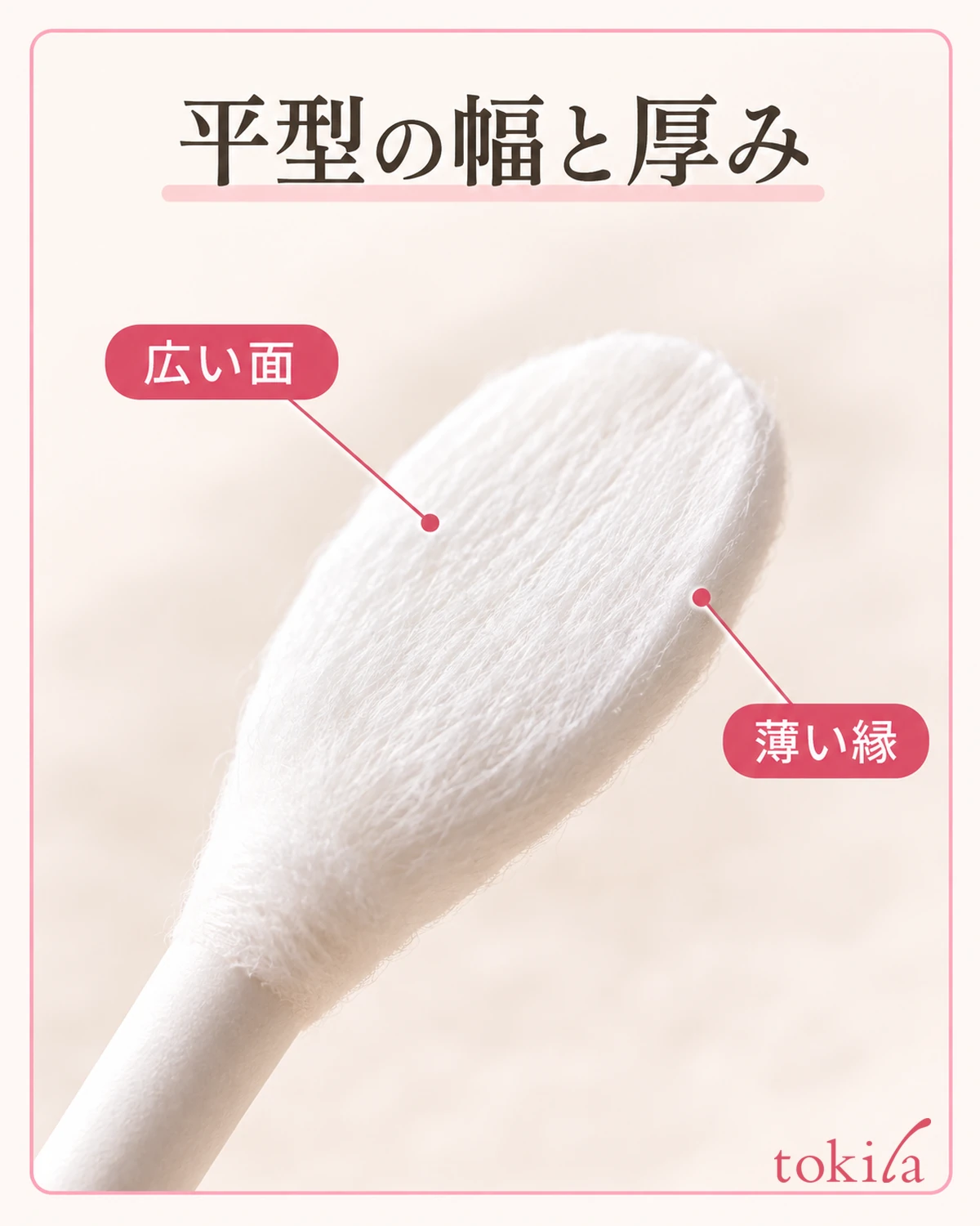 平型の広い面と薄い縁を、斜めから見分けます。
