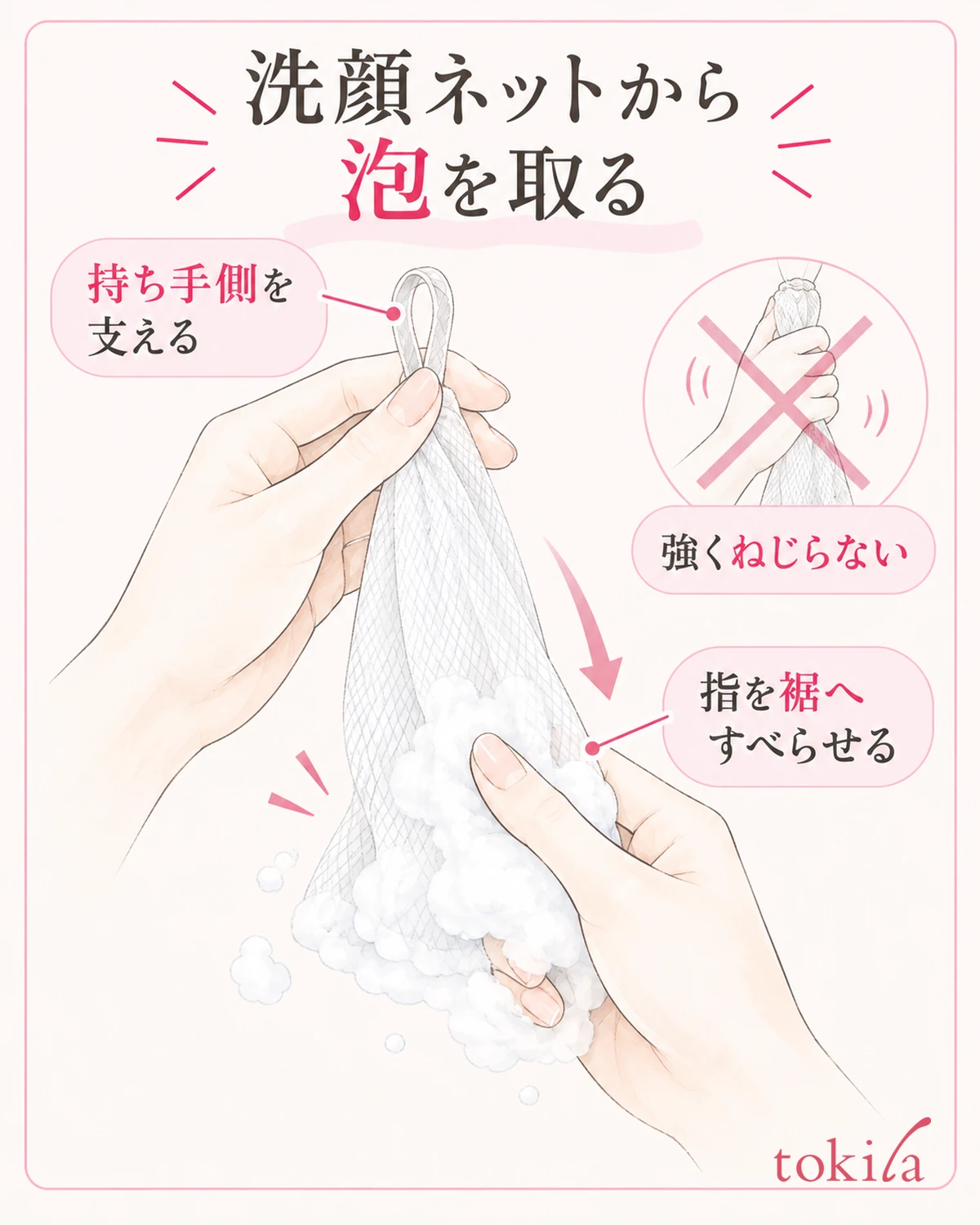 持ち手側を支え、指を裾へすべらせて泡を集めます。ねじる操作はしません。