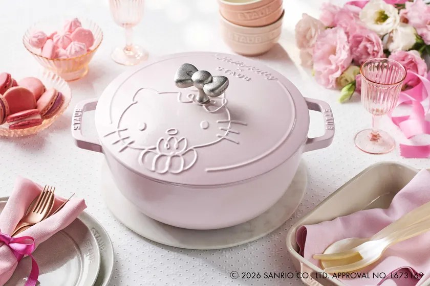 Wa-NABE ハローキティ ソルベローズの蓋のレリーフとリボンのノブ