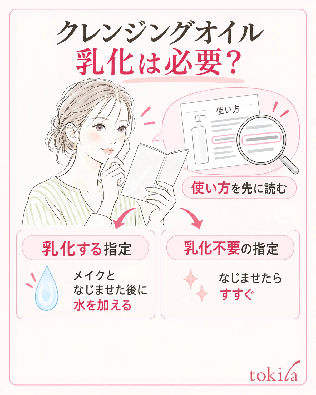 클렌징 오일의 사용 방법에서 유화하는 과정이 있는지 먼저 확인한다.