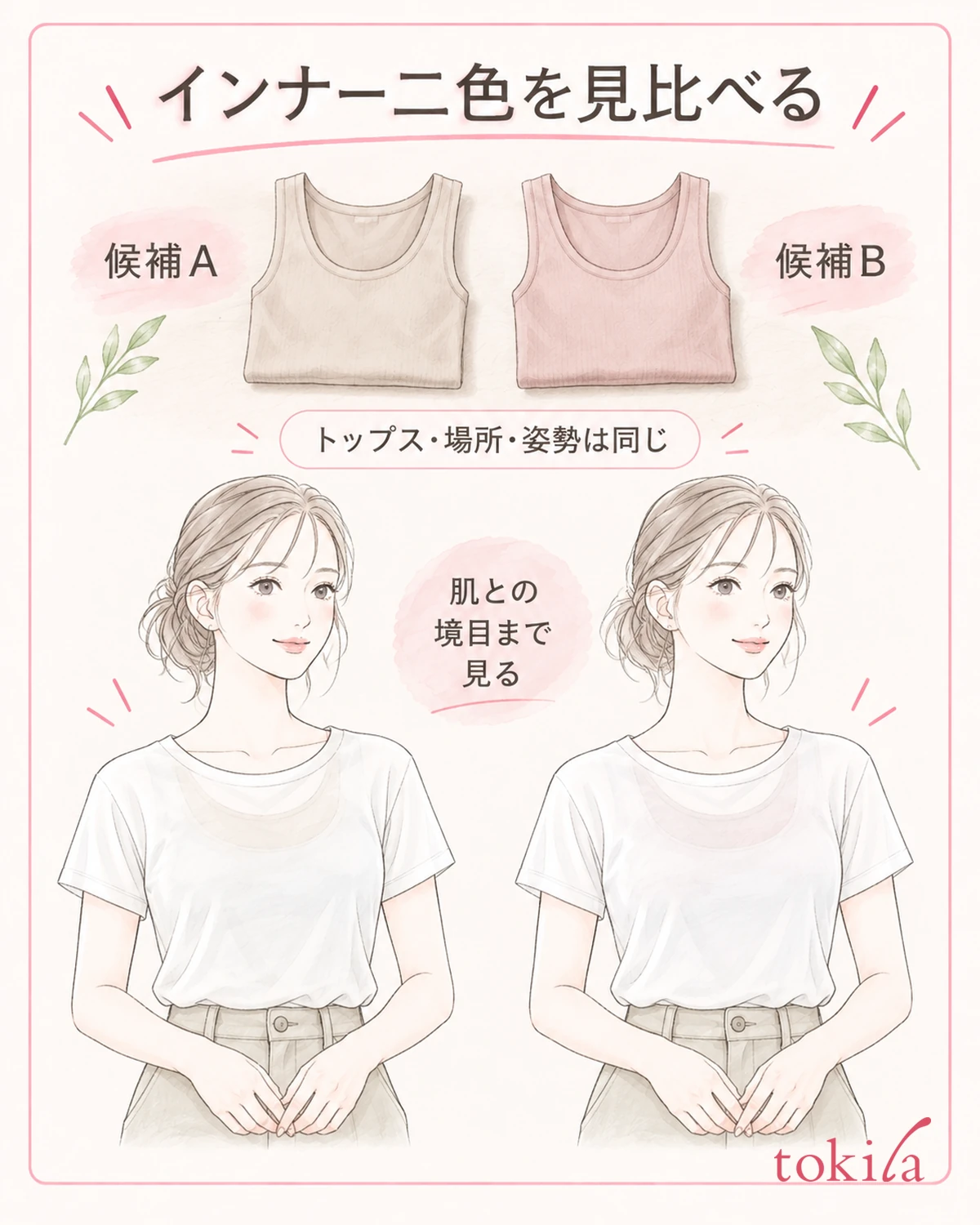 Using the same white top, compare two colors of similar shape in the same place.