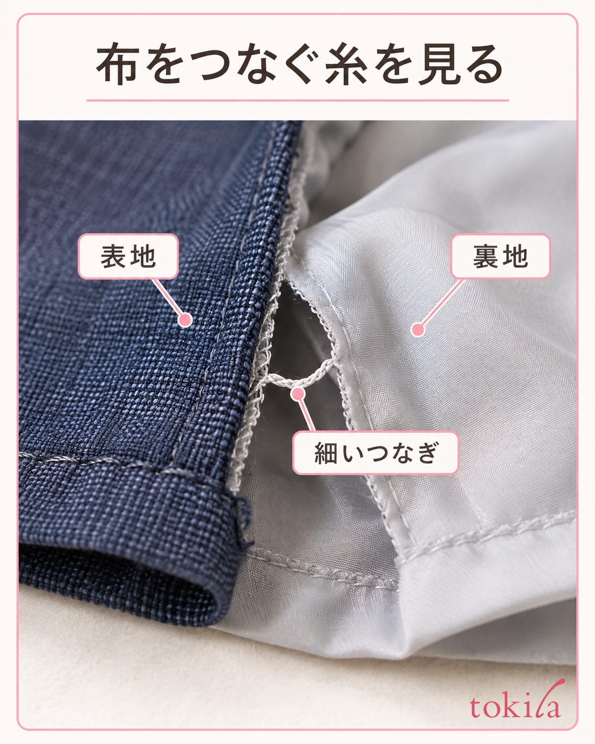 Thin thread and seam allowance linking two layers of fabric