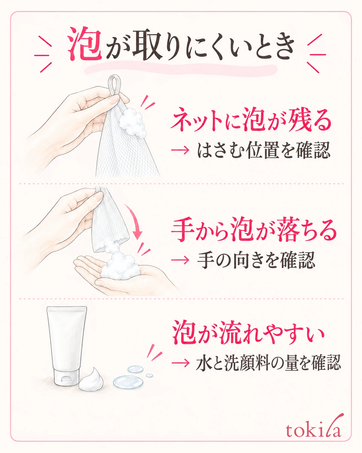 泡が落ちた段階を確かめ、持つ位置・動かす方向・準備のどこを戻すか選びます。