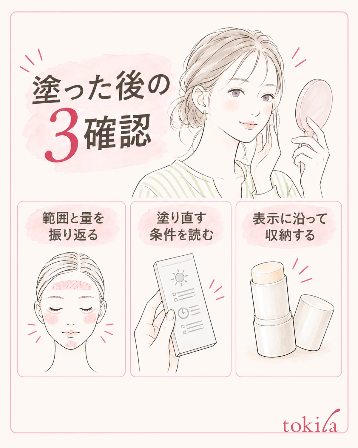 塗った範囲と必要な量を振り返り、表示に沿って収納します。