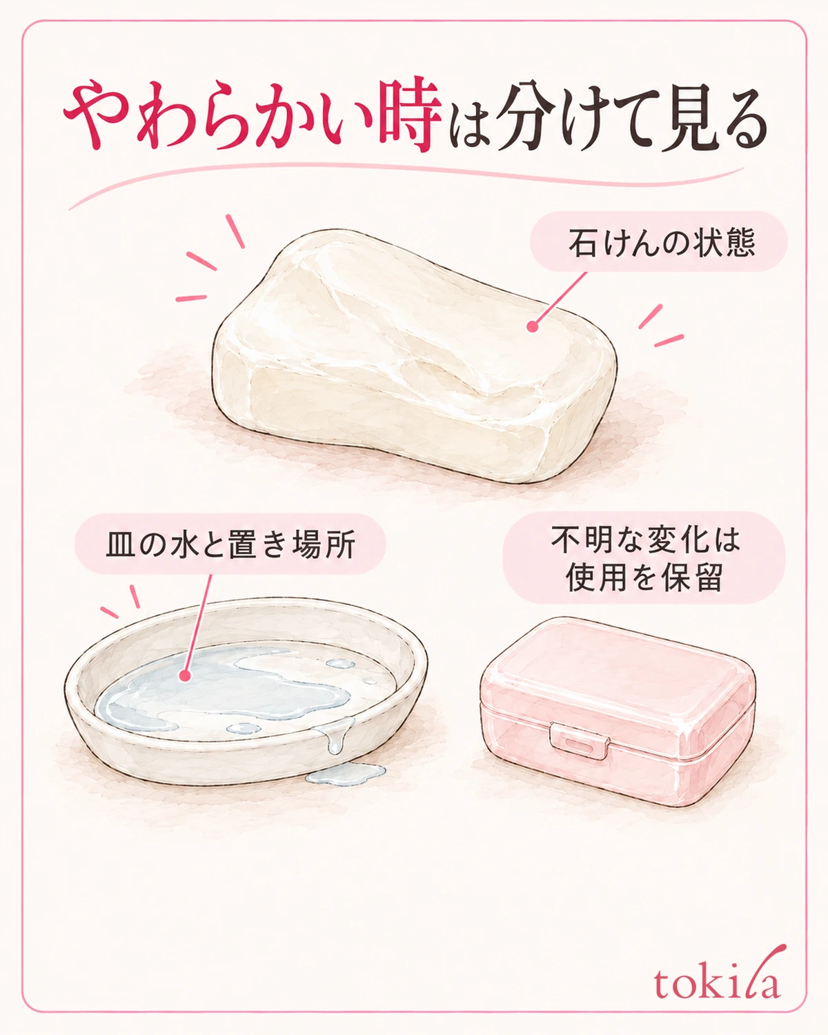 石けんの変化と、皿に残った水を分けて振り返ります。