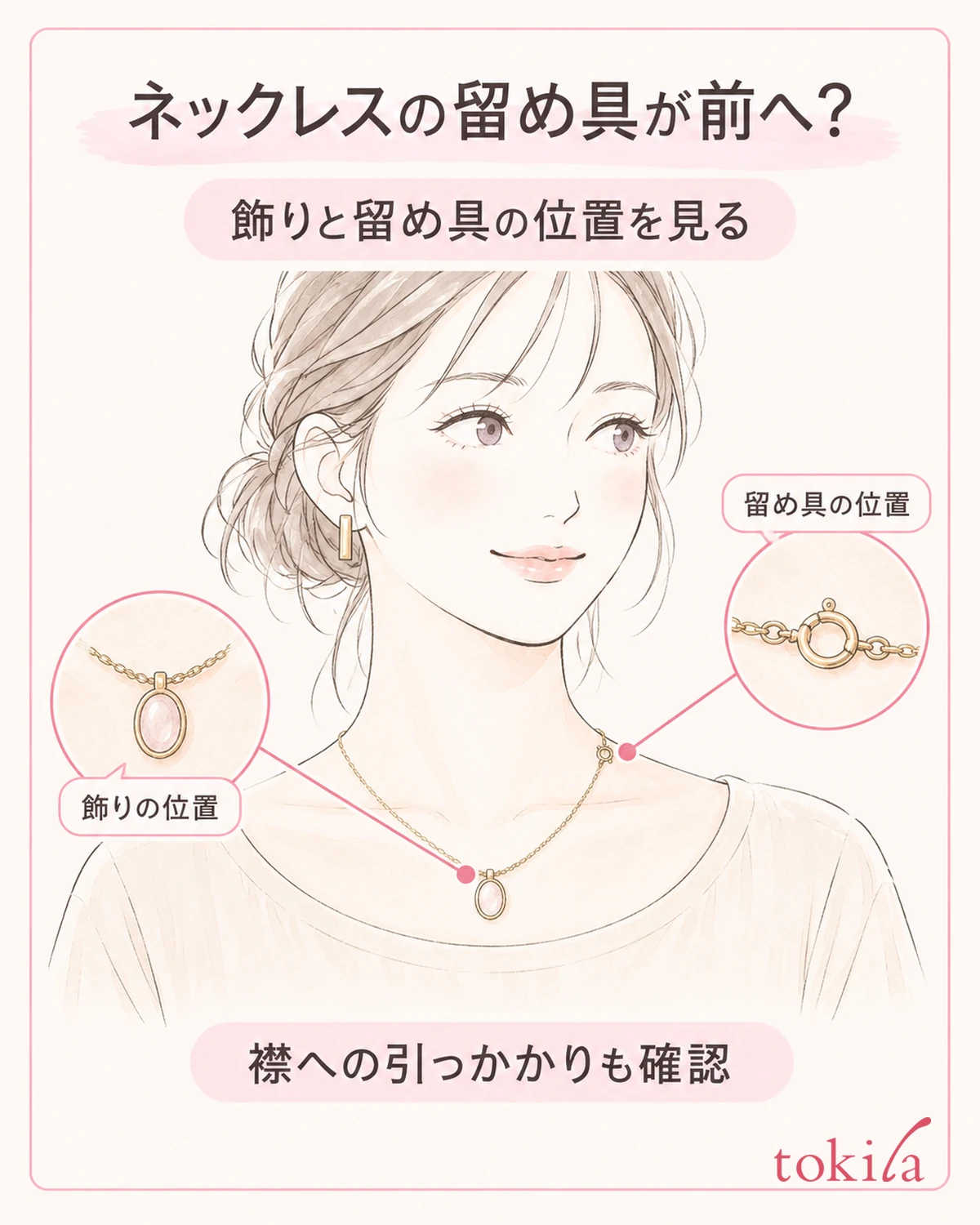 Separate the pendant, the clasp and contact with your clothes, and check the current position in a mirror.