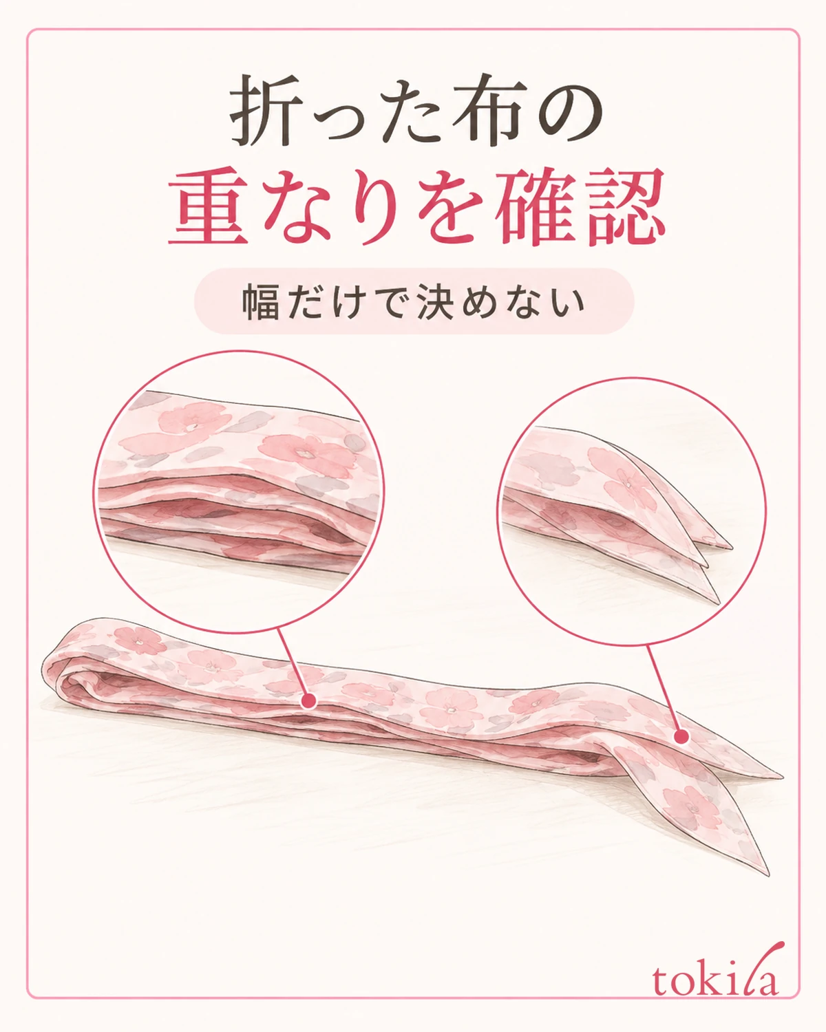 折った布の中央と端の重なりを比べ、幅と厚みを分けて確認します。