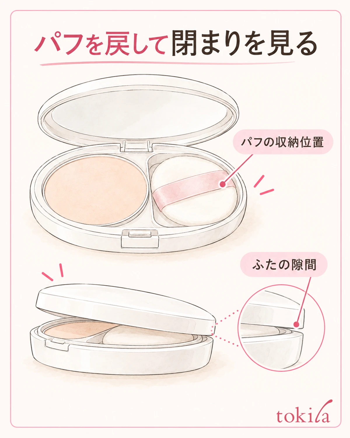 パフを収納してからふたの収まりを見ます。