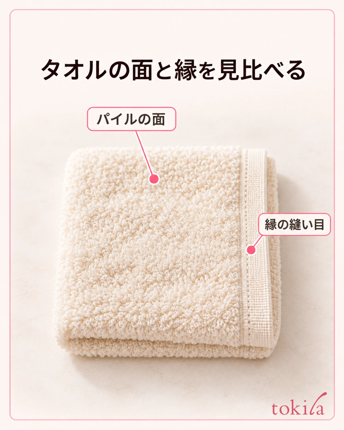 The looped side of a towel and the fine stitching at its edge