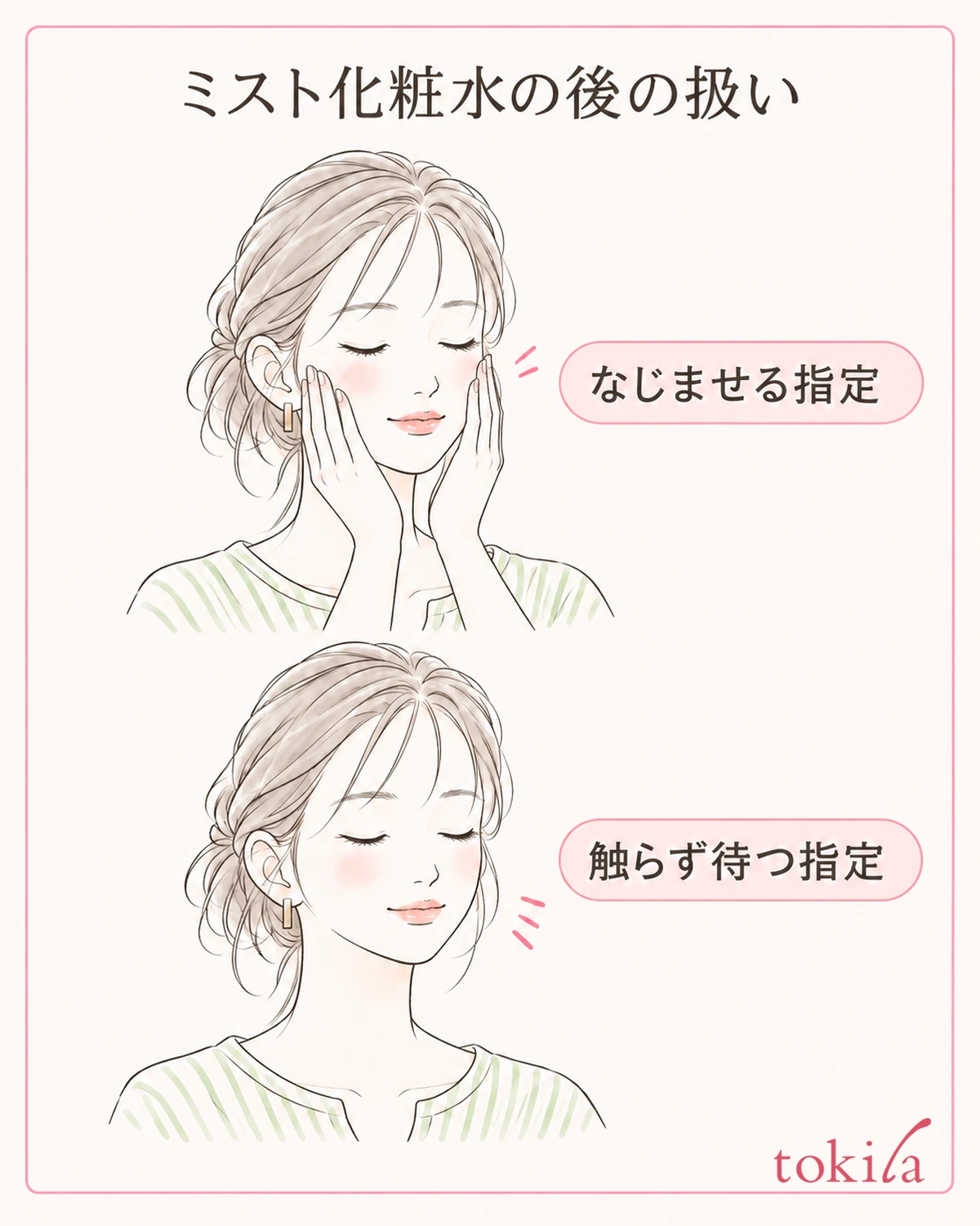 噴霧後の扱いは、なじませる指定と触らず待つ指定を分けます。