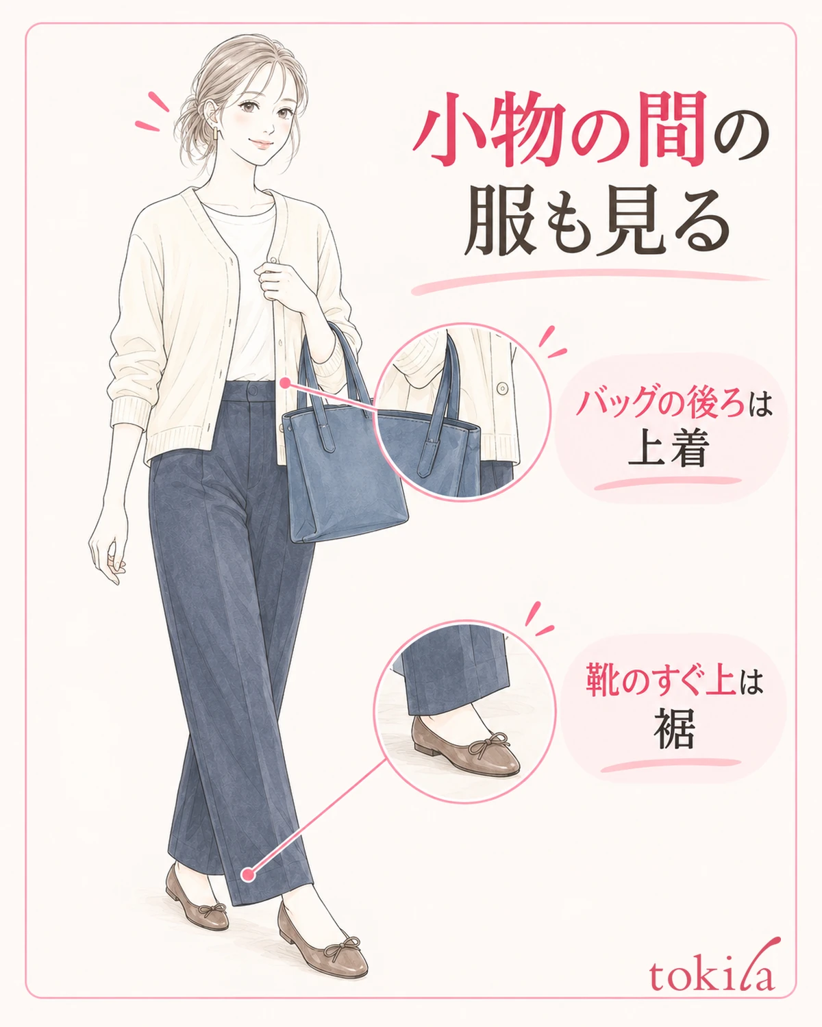 Check separately the clothes the bag overlaps and the color of the hem that leads to the shoes.