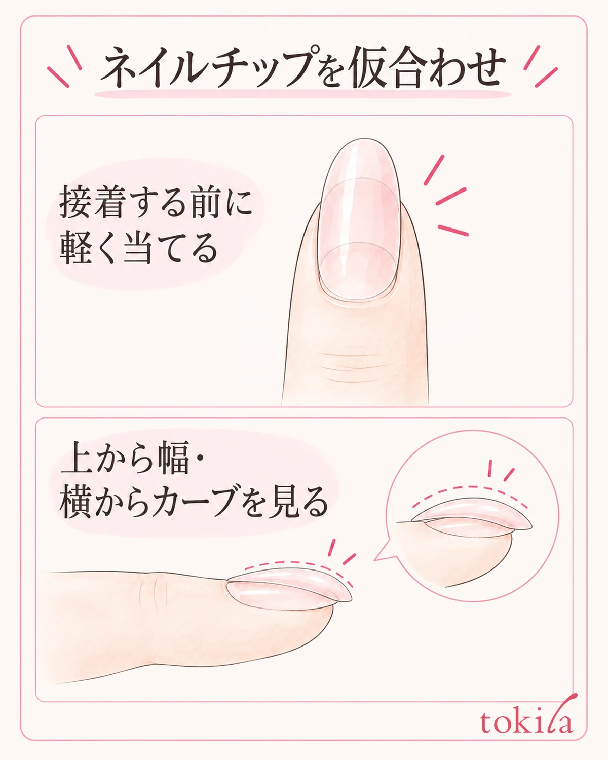 接着前に軽く当て、上から幅・横からカーブを見る。