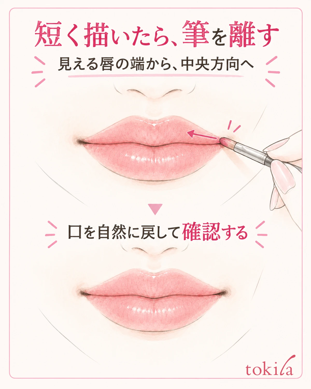 見える唇の端から短く描いたら、道具を離して口を戻します。