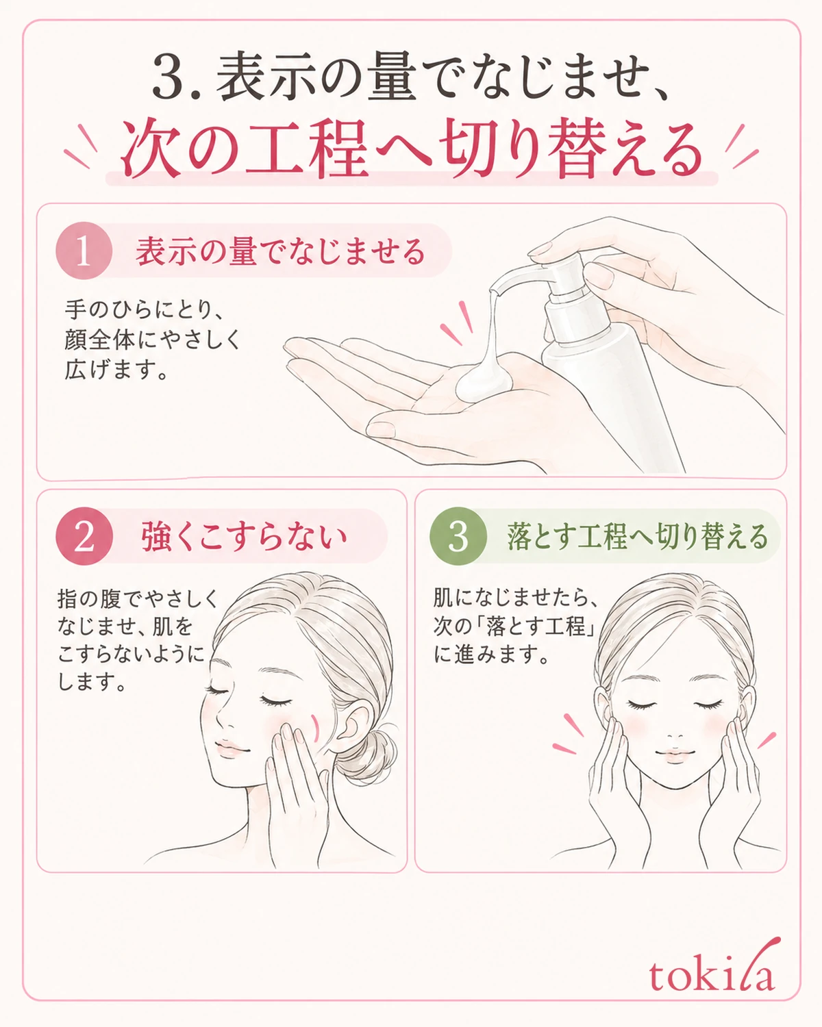 表示の量となじませ方を守り、次の工程へ切り替えます。
