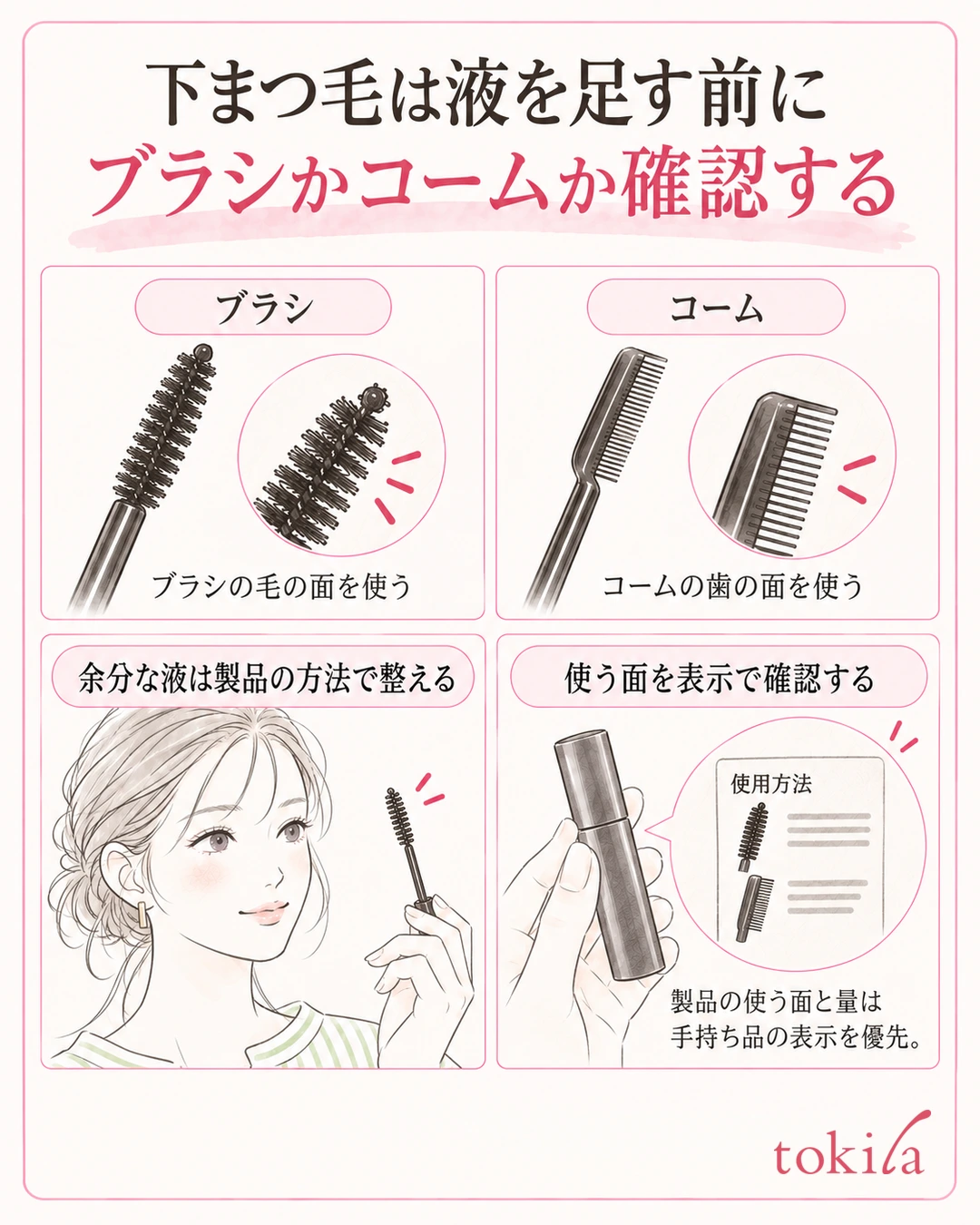 下まつ毛に使うブラシとコーム、製品の使用法を確認する図