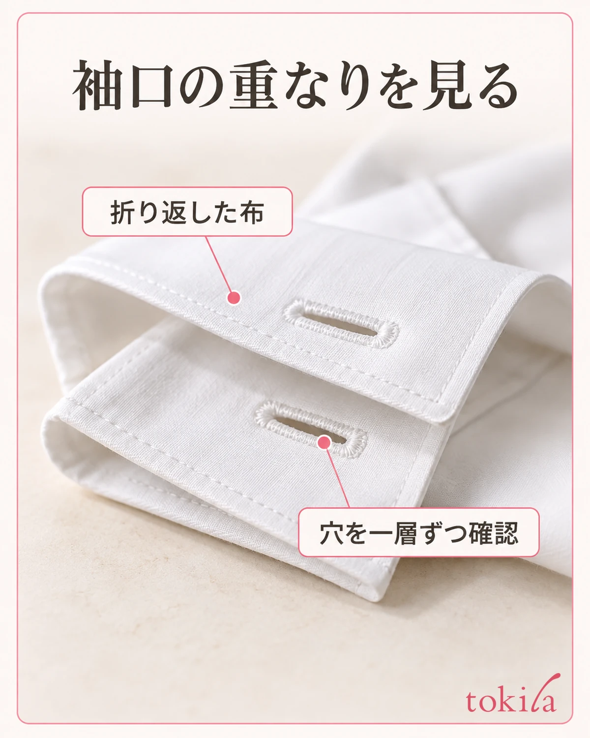 折り返した袖口の二層の布と穴の縁を見ます。